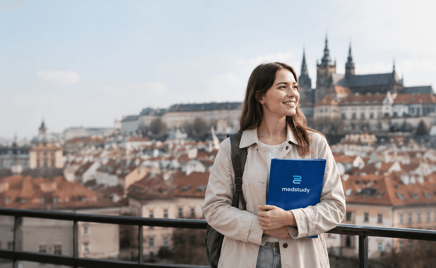 Medstudy student with a folder in front of a Prague background