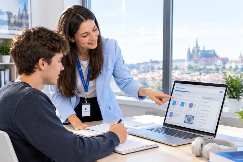 A student and a Medstudy manager looking at lessons on the learning platform