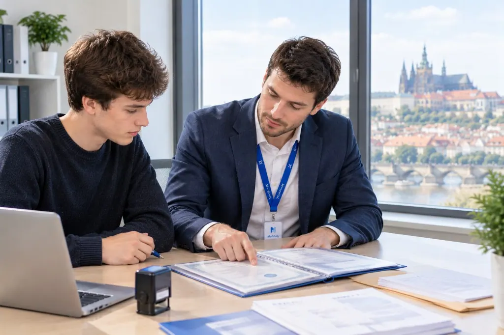 Kurátor Medstudy prohlíží balíček dokumentů pro uznání diplomu