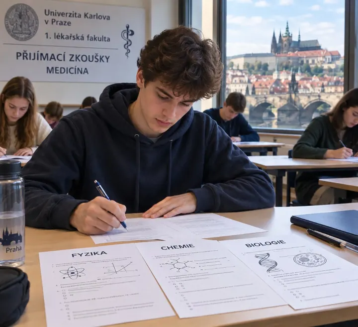 Student skládající praktickou zkoušku z fyziky, chemie a biologie